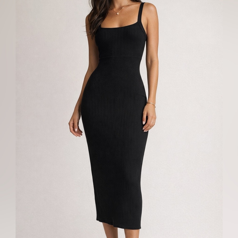 Good American Black Ribbed Midi Dress